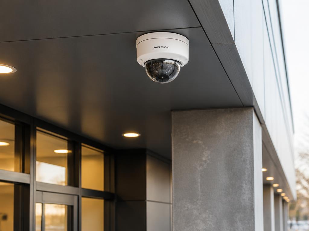 Professional dome CCTV security camera mounted under a commercial building soffit
