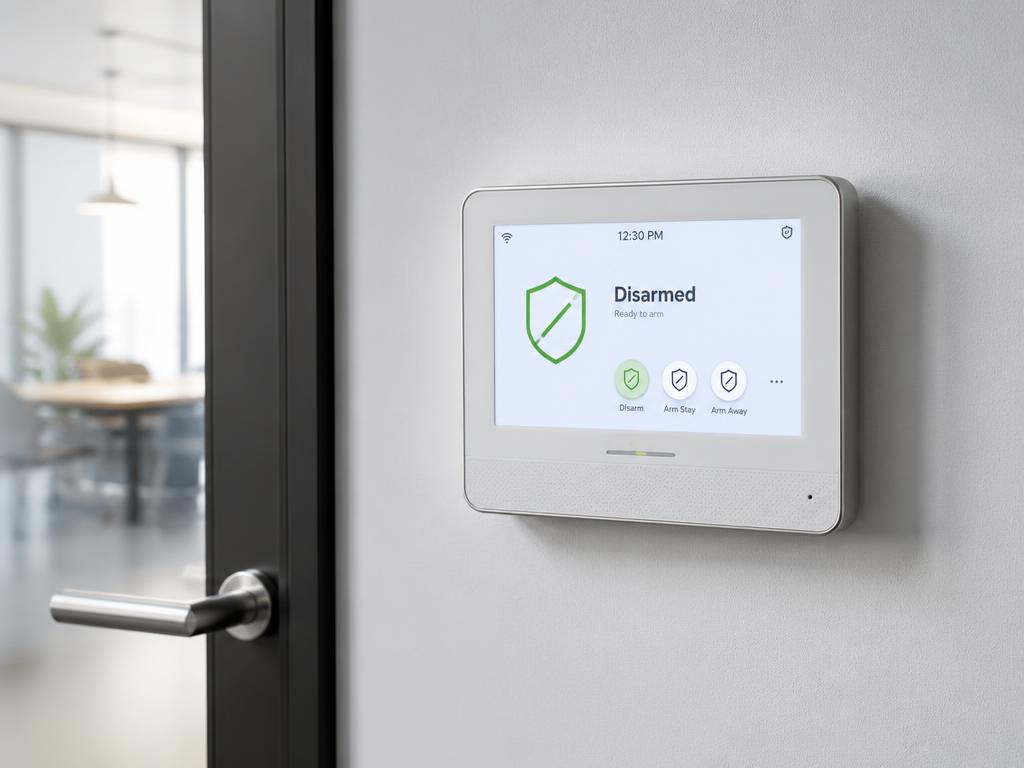 Honeywell ProA7Plus touchscreen alarm keypad mounted beside an entry door