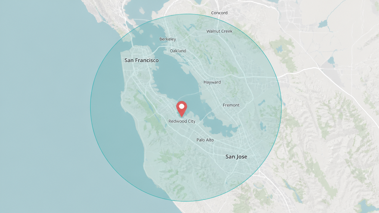 Bay Area service area map showing a 50 mile radius from Redwood City, California
