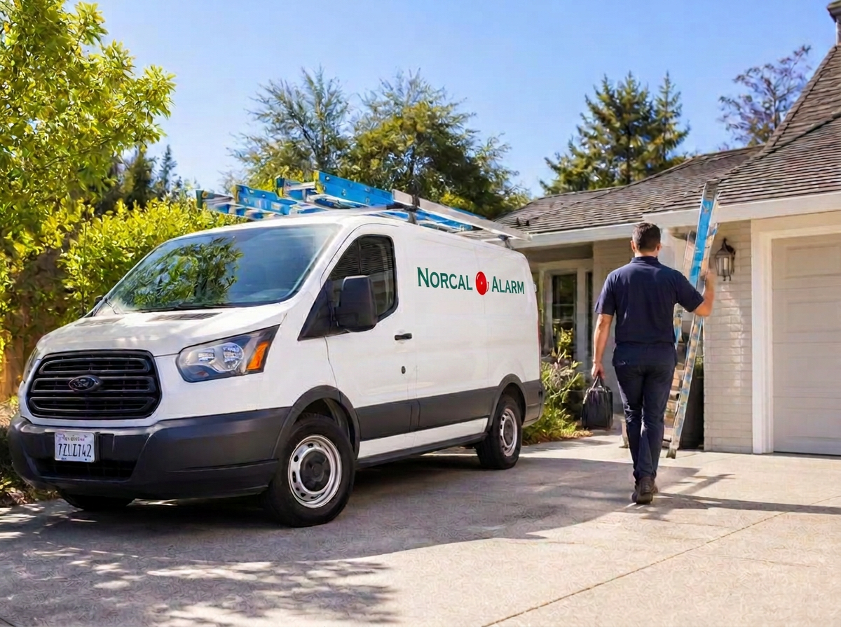 NorCal Alarm service van parked in a residential driveway
