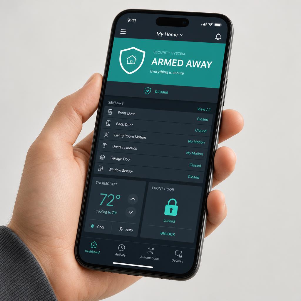 Total Connect app on a phone showing the system armed away with sensor status