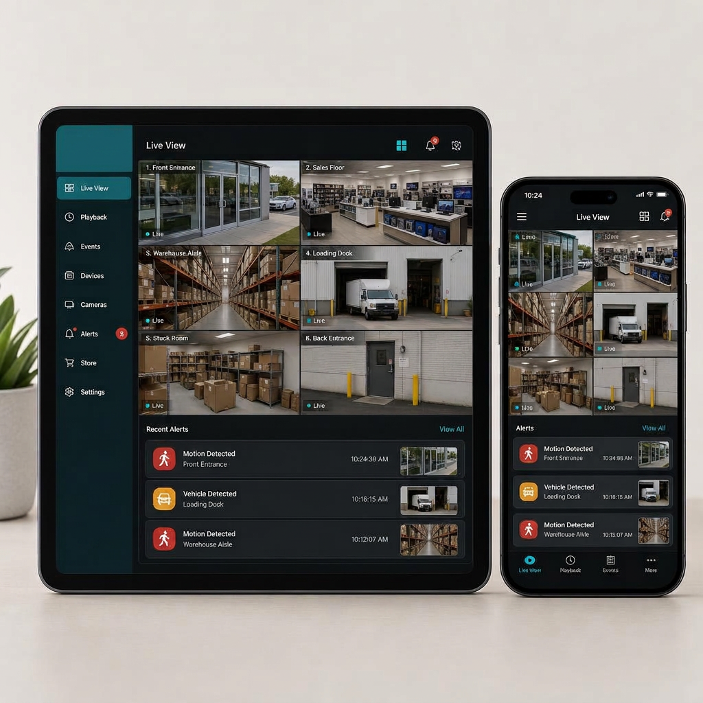 Total Connect live camera views on a tablet and phone for a business location